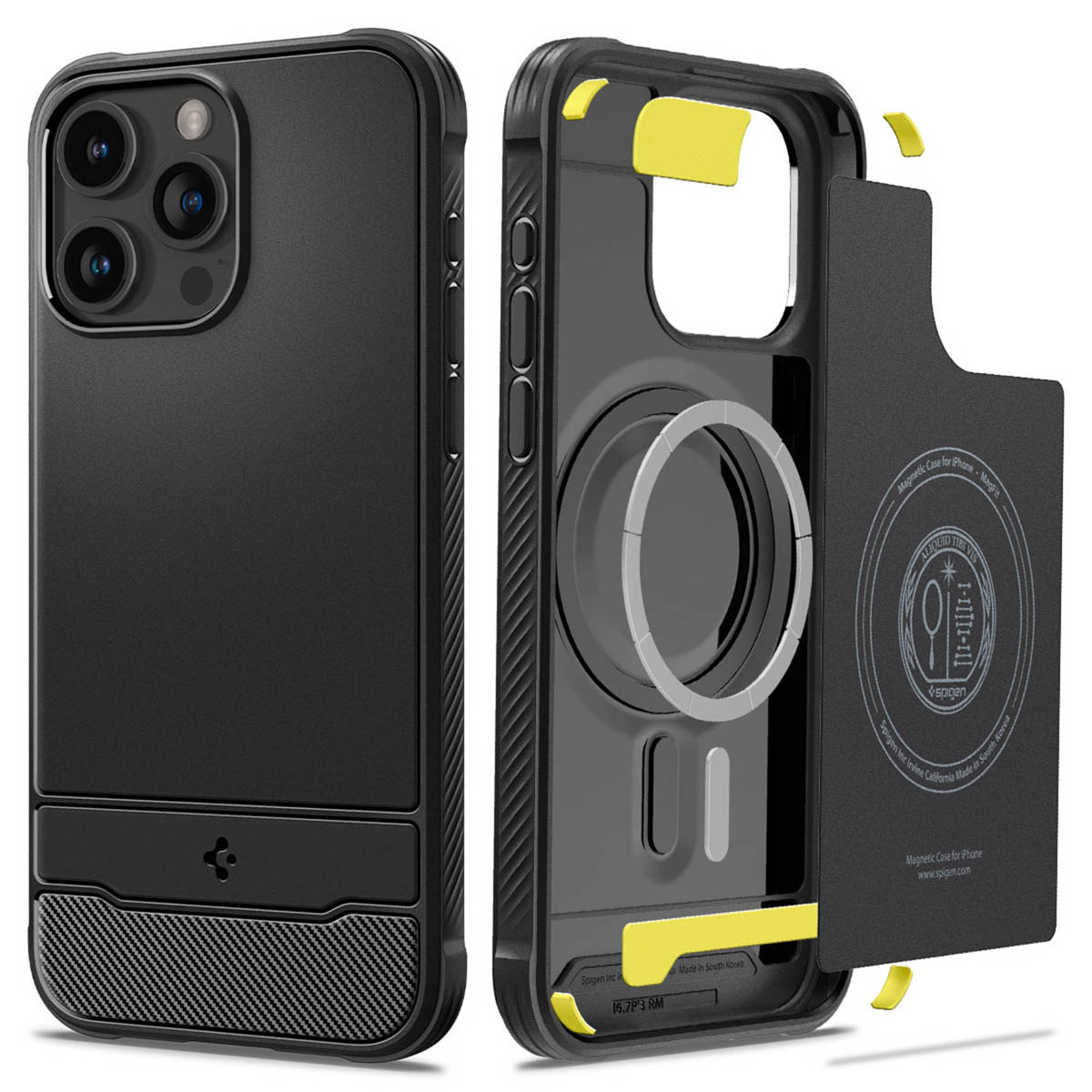 Coque de téléphone noire démontée, composants internes visibles. Accents jaunes, anneau magnétique visible.