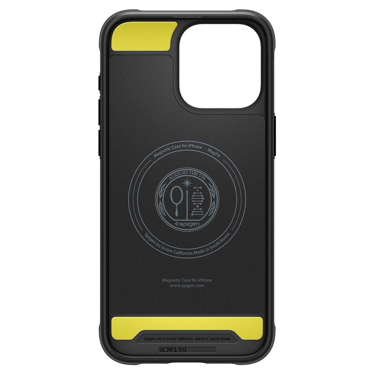 Dos de coque de téléphone noir, accents jaunes, logo de la marque et texte. Fond blanc.