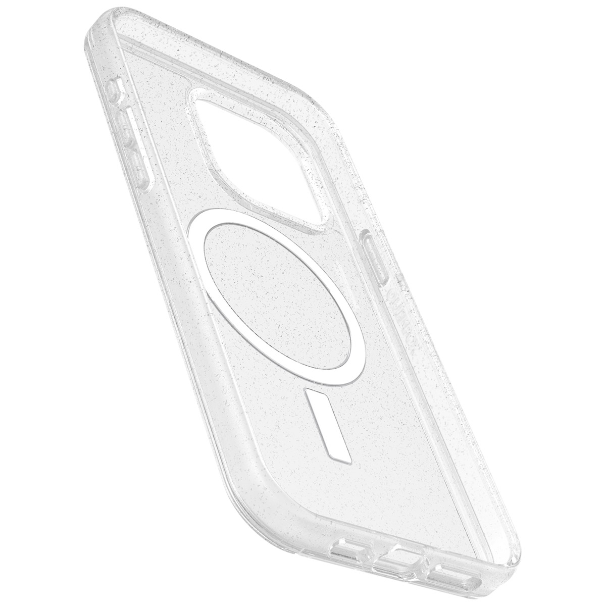 Transparant telefoonhoesje met glitter. Witte achtergrond. Ronde magneet zichtbaar.