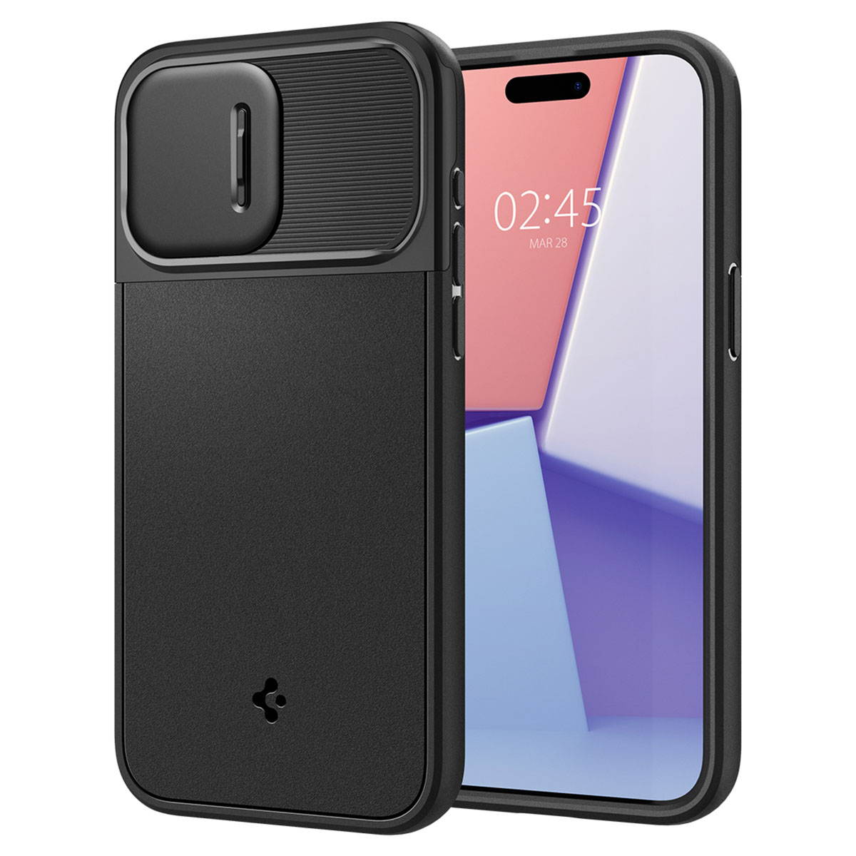 Zwarte telefoonhoes met camerahoes op een telefoon die de tijd weergeeft. Witte achtergrond.