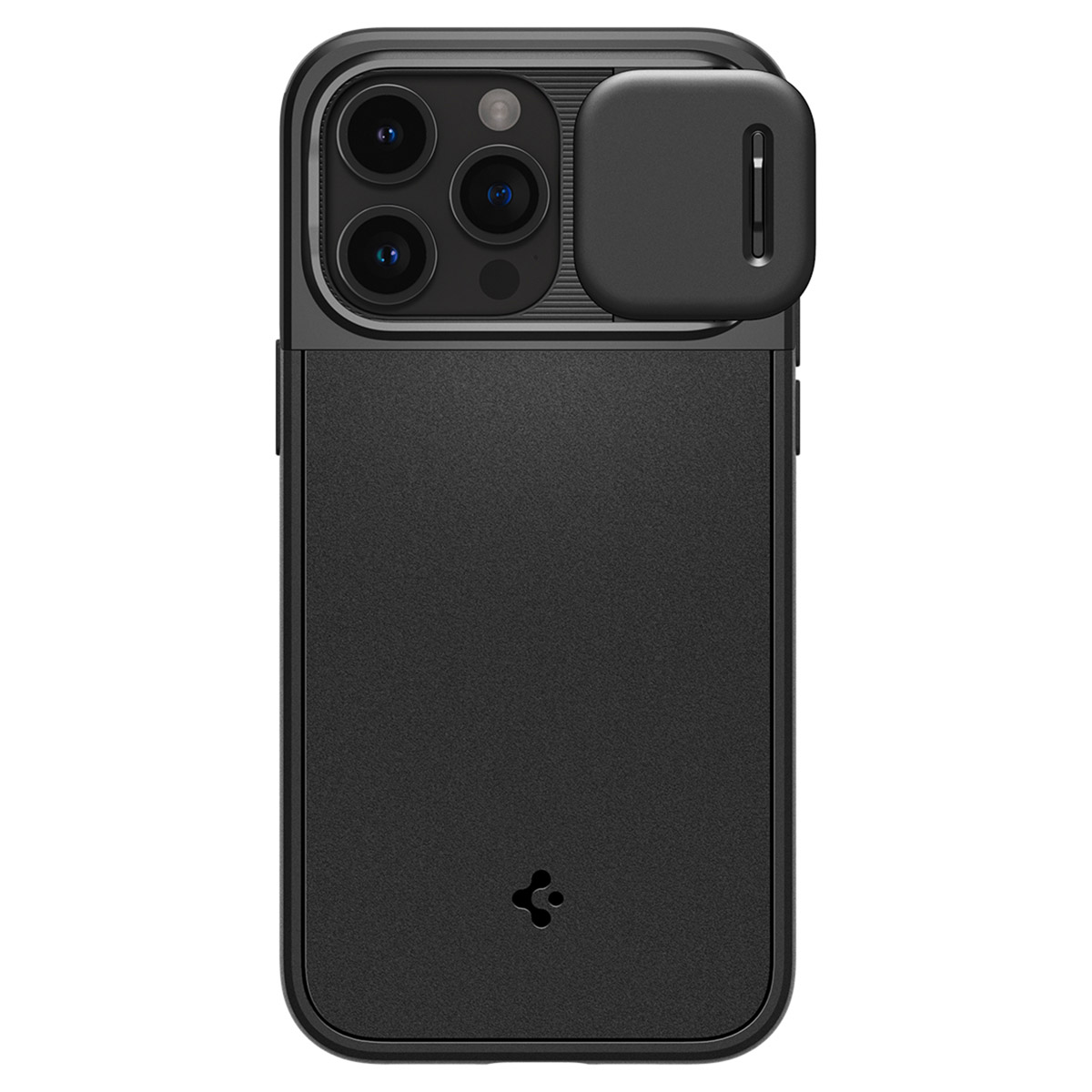 Zwarte telefoonhoes met cameralensafdekking. De hoes zit op een zwarte telefoon. Spigen logo onderaan.