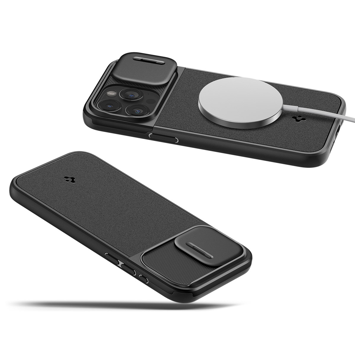 Zwarte telefoonhoes, twee aanzichten. Eén met MagSafe-lader. De andere is de achterkant.