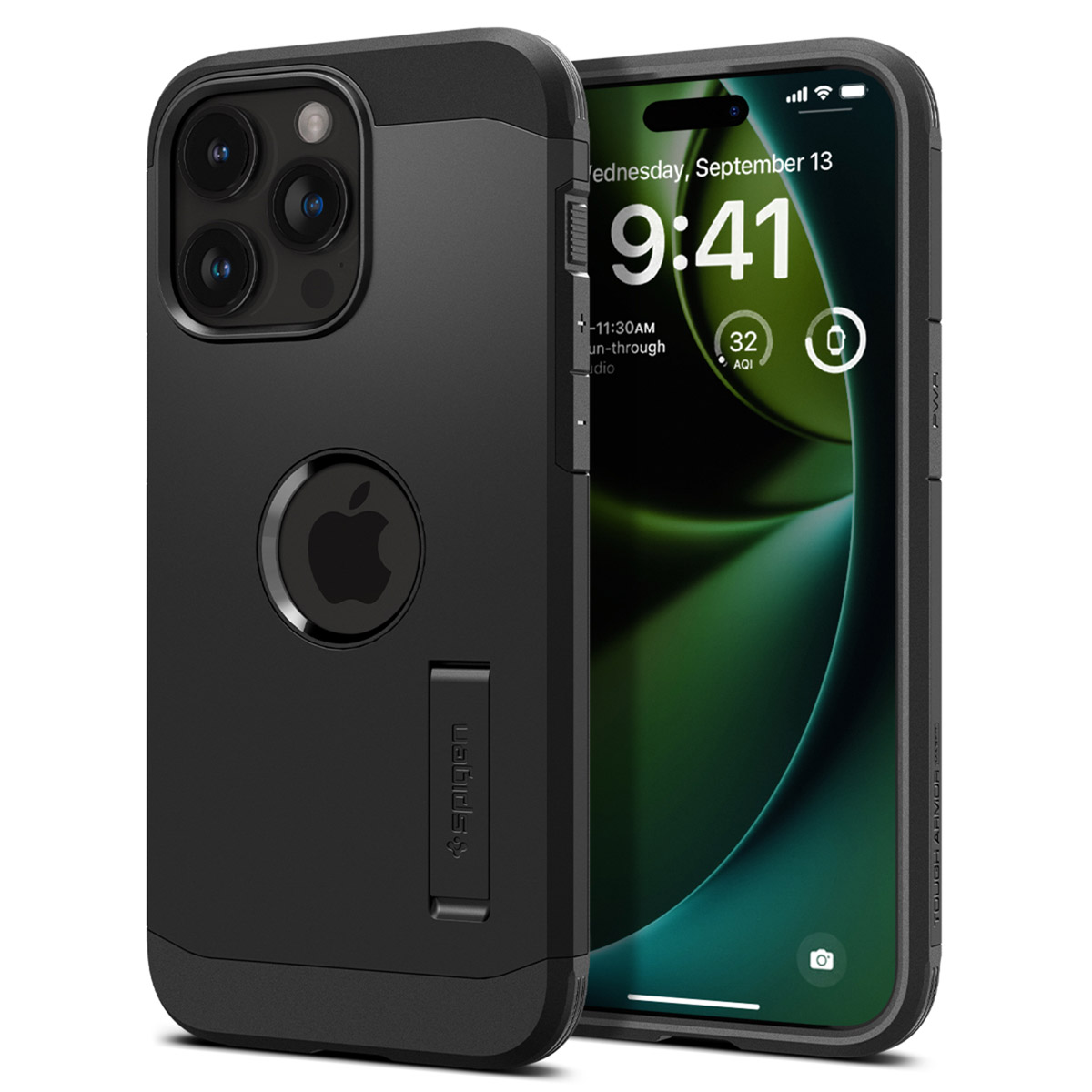 Coque de téléphone noire avec téléphone. L'écran affiche la date et l'heure. Logo Apple sur la coque.