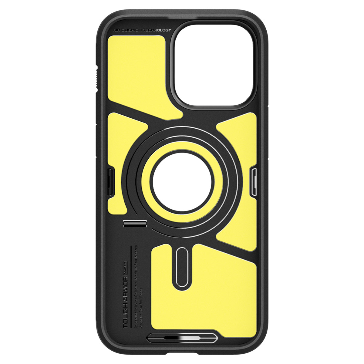 Coque de téléphone jaune et noire avec une découpe pour l'appareil photo et le mot TOUGH/ARMOR. L'arrière est jaune.