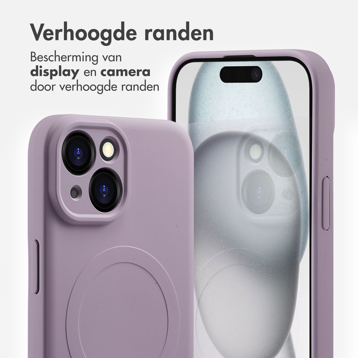 Twee paarse telefoonhoesjes, één met telefoon, met nadruk op scherm- en camerabescherming.