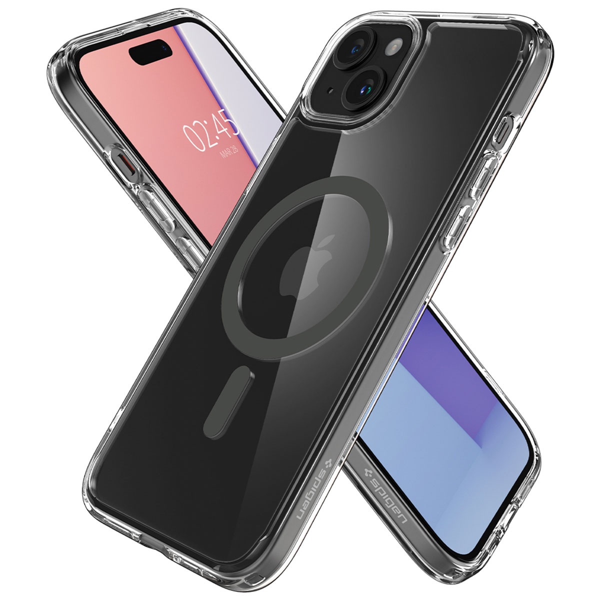 Twee telefoons in transparante hoesjes. Eén heeft MagSafe. Tekst: 'Spigen'.
