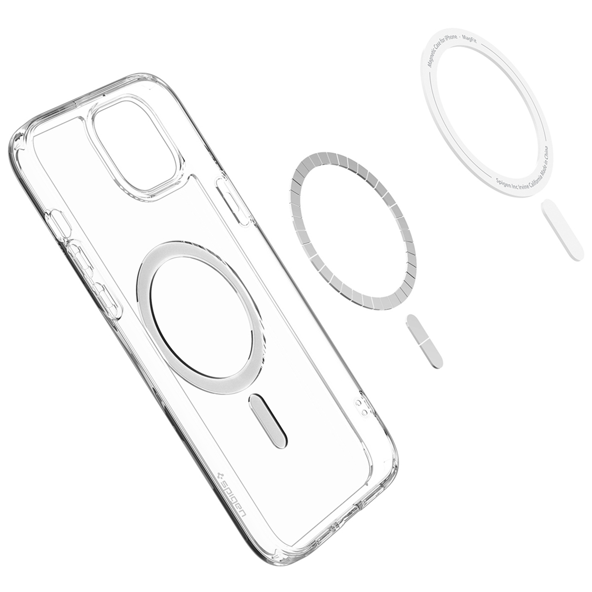Transparante telefoonhoes en componenten. Witte achtergrond. Magneetring en houder.