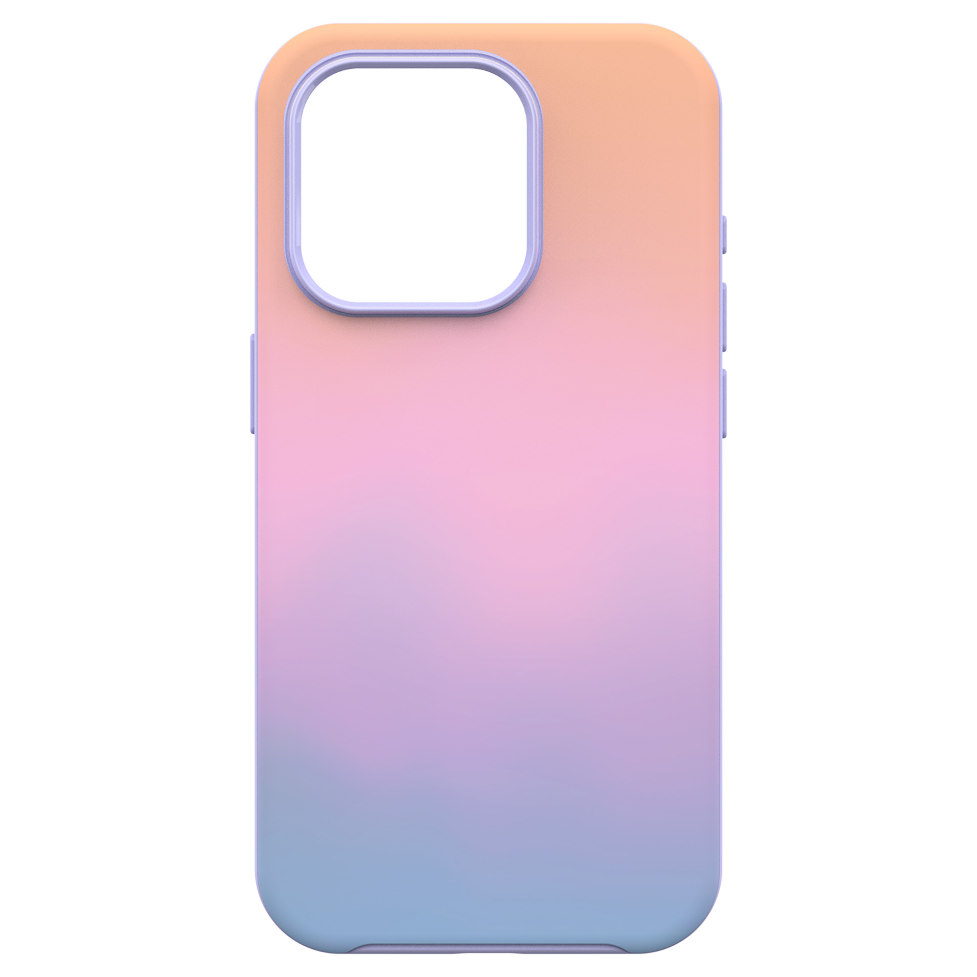 Custodia per telefono nei colori sfumati: arancione, rosa, viola e blu. Sfondo bianco.