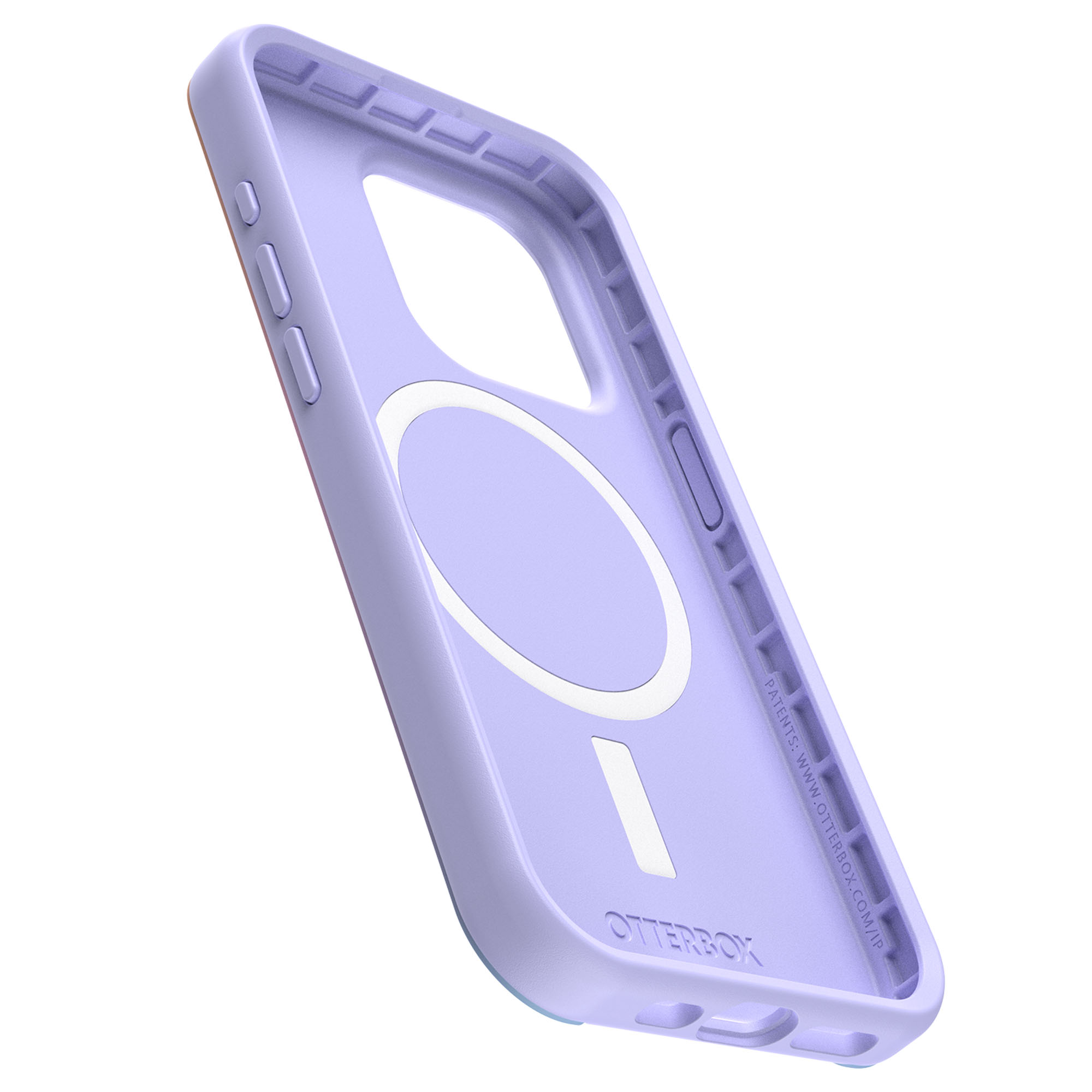 Interno di una custodia per telefono viola, con intaglio per la fotocamera e cerchio MagSafe bianco.