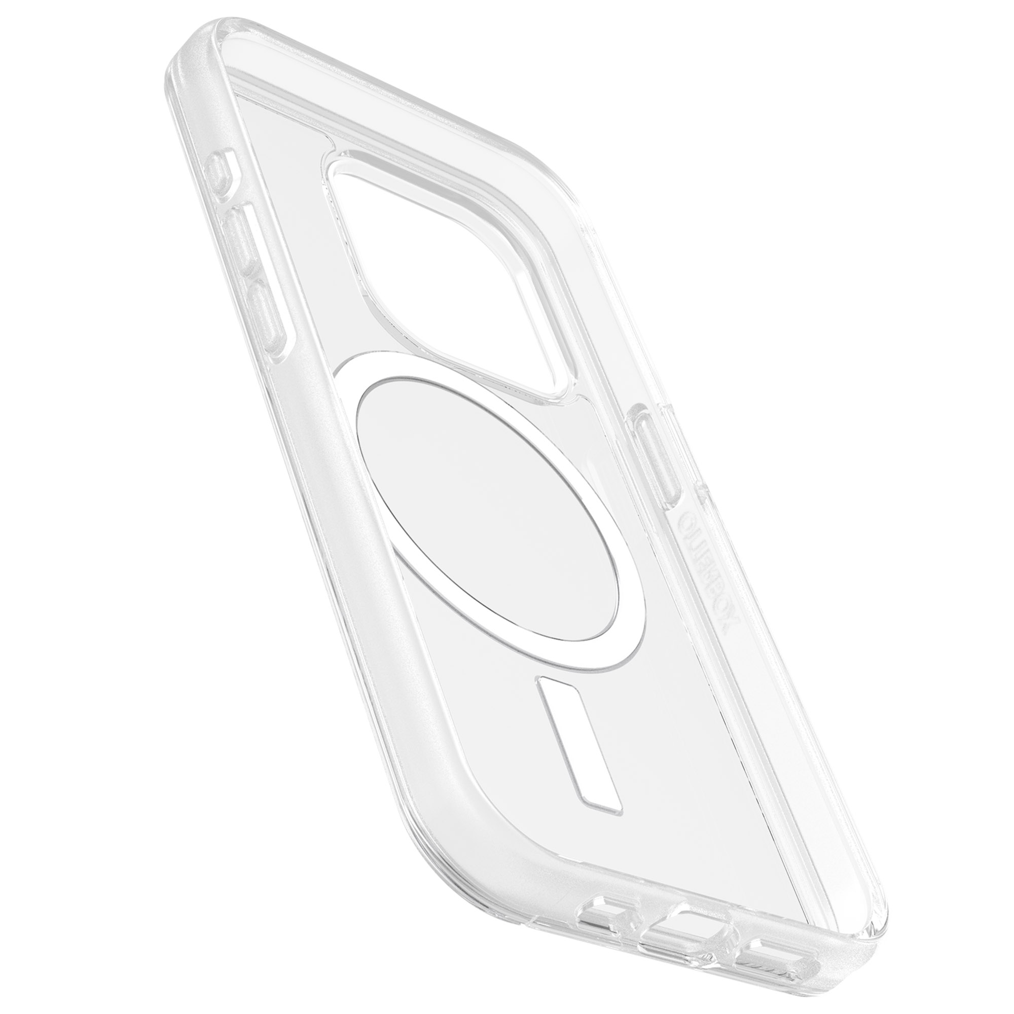 Een transparante telefoonhoes met een cirkel in het midden voor een oplader, op wit.