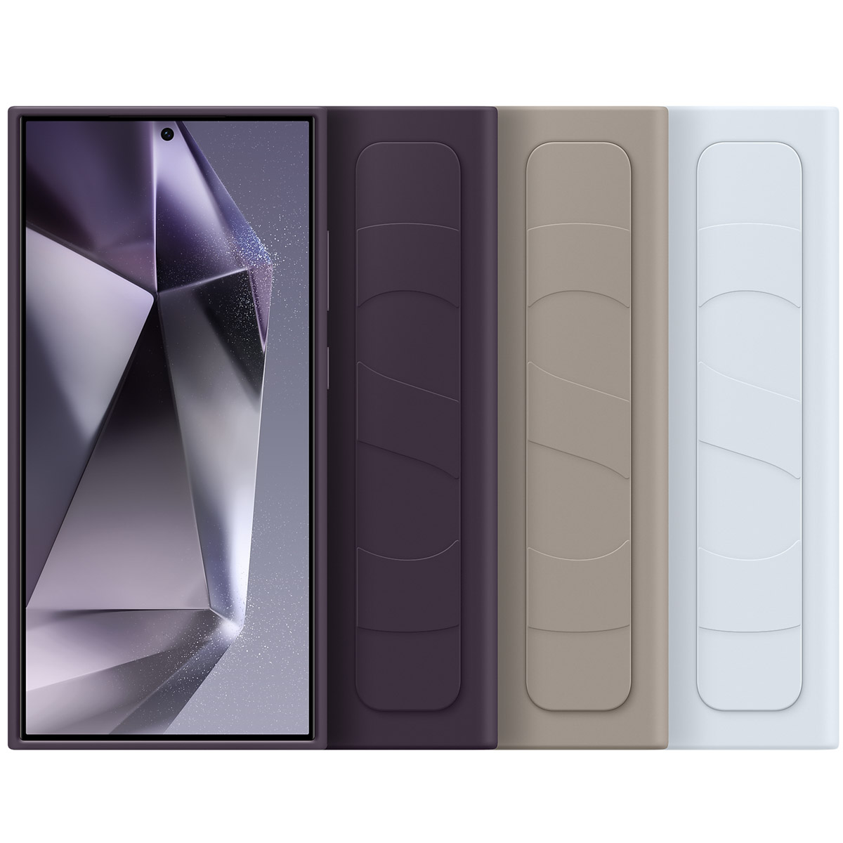 Tre custodie per telefono di diversi colori. Vengono visualizzati gli schermi. Le custodie sono viola, beige e bianche.