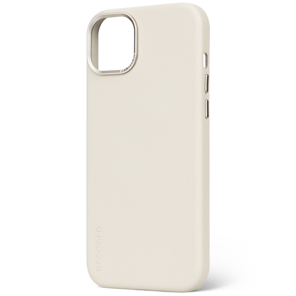 Beige telefoonhoes, zijaanzicht. Simpel design met merk Decoded onderaan.