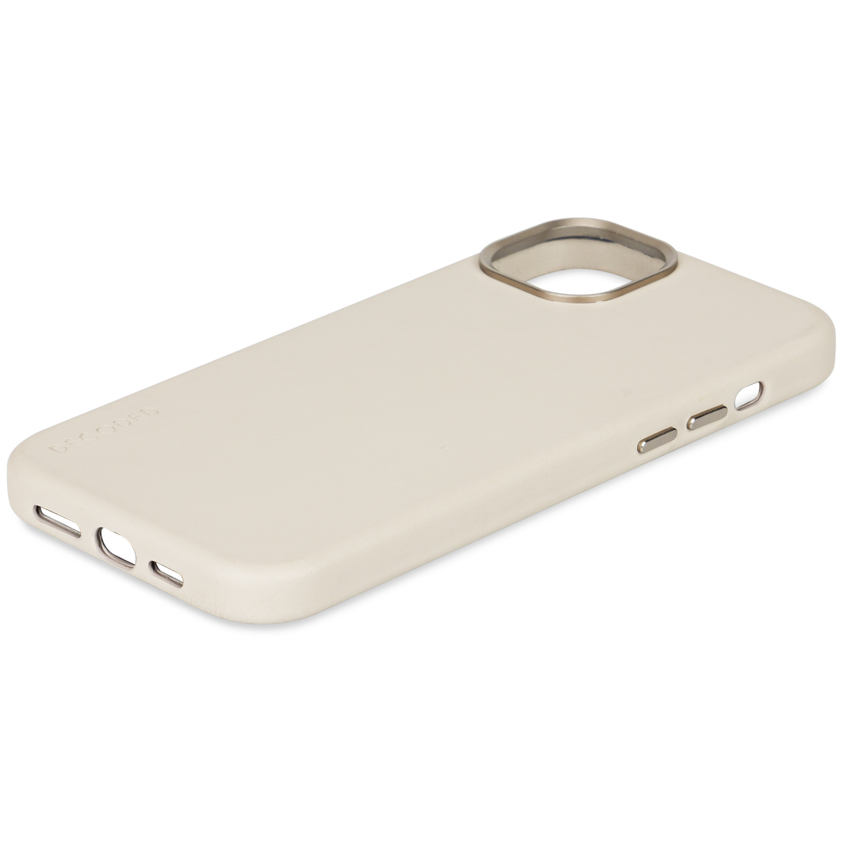Gebroken witte telefoonhoes met een metalen cameraring. Decoded logo is gedrukt.