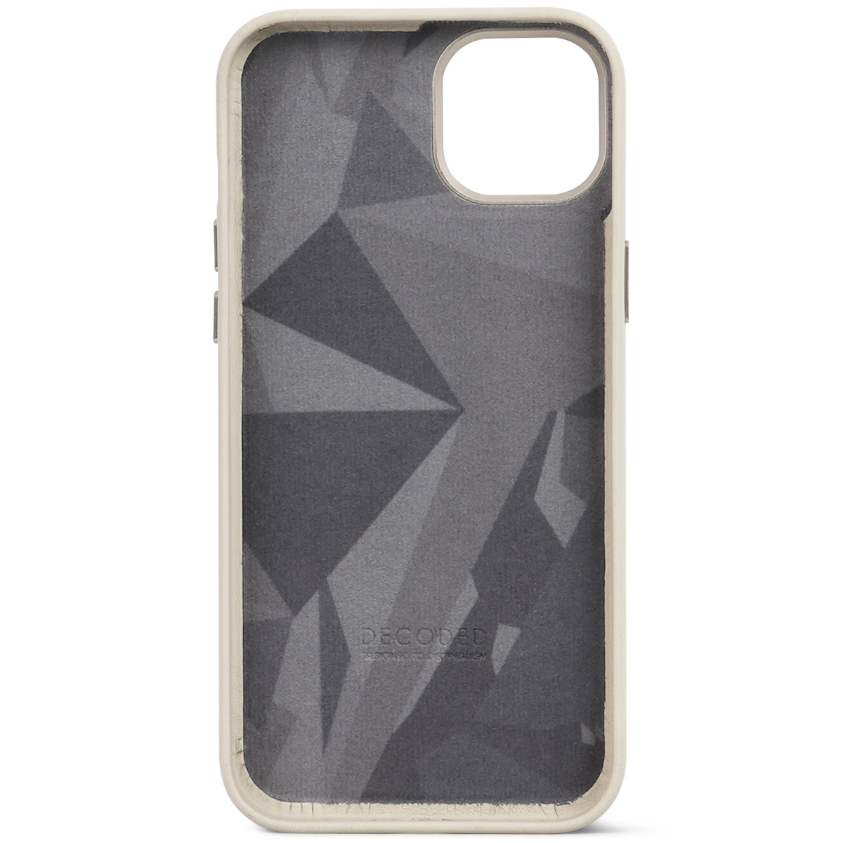Binnenkant van een telefoonhoes met geometrisch design. Merk 'DECODED'.