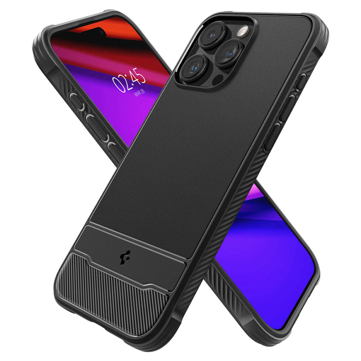 Coque de téléphone noire avec téléphone à l'intérieur. Le téléphone a un écran violet. La coque a une texture grise.