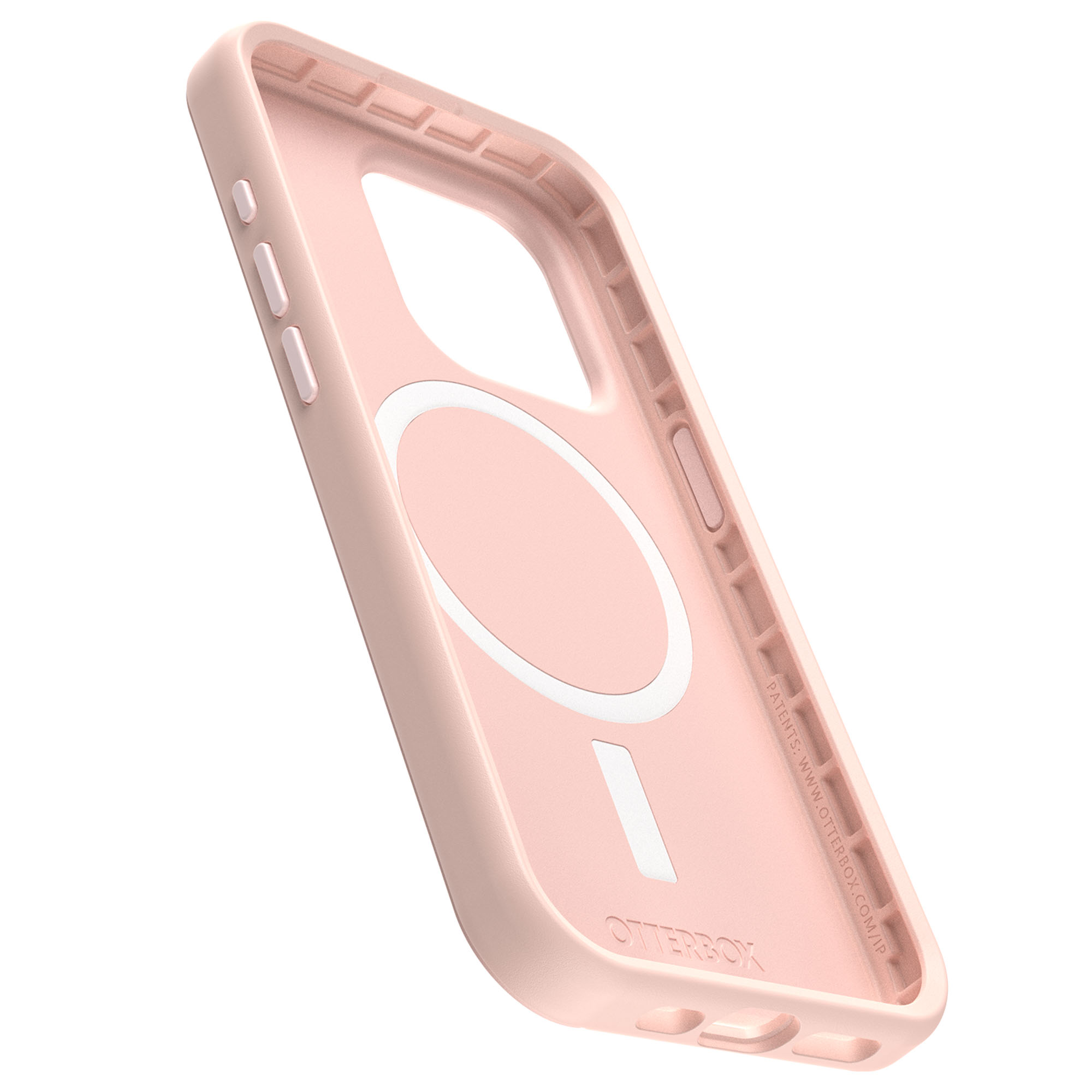 Interior de funda rosa con círculo y rectángulo. Texto: 'Otterbox'.