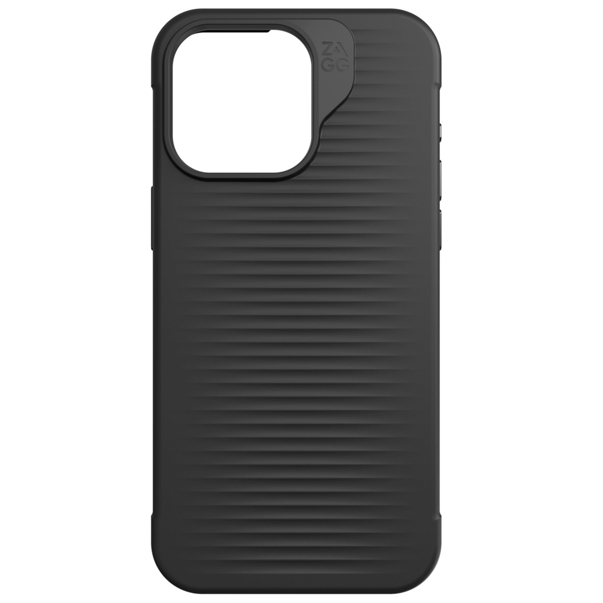 Coque noire, vue arrière. Texture nervurée. Découpe caméra. Élégante et protectrice.