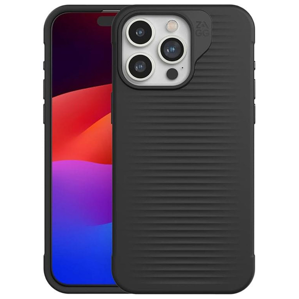 Coque de téléphone noire avec lignes horizontales. Le téléphone a trois lentilles de caméra. Écran clair en arrière-plan.
