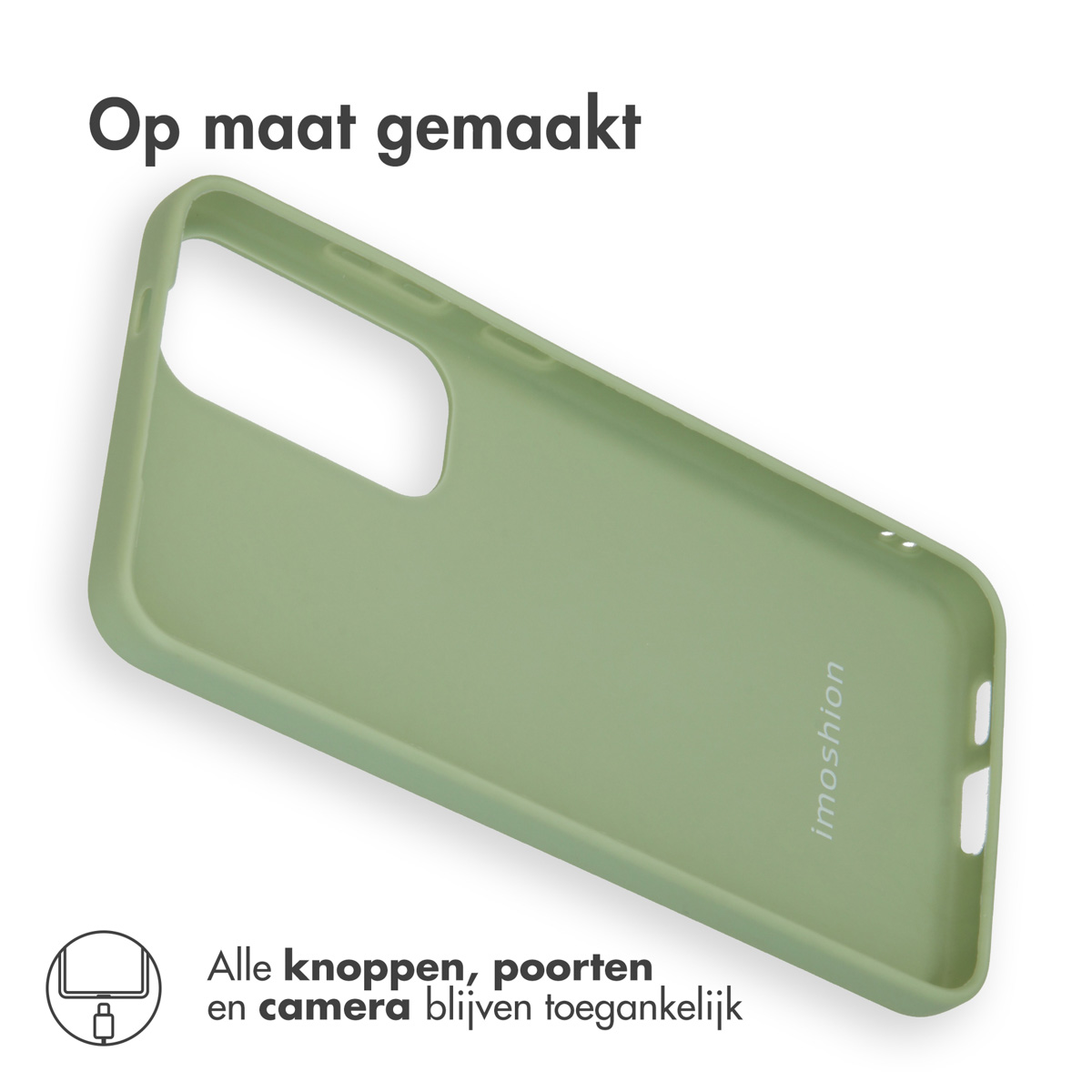 Funda verde, mostrando la parte trasera del teléfono. Todos los botones y la cámara son accesibles.