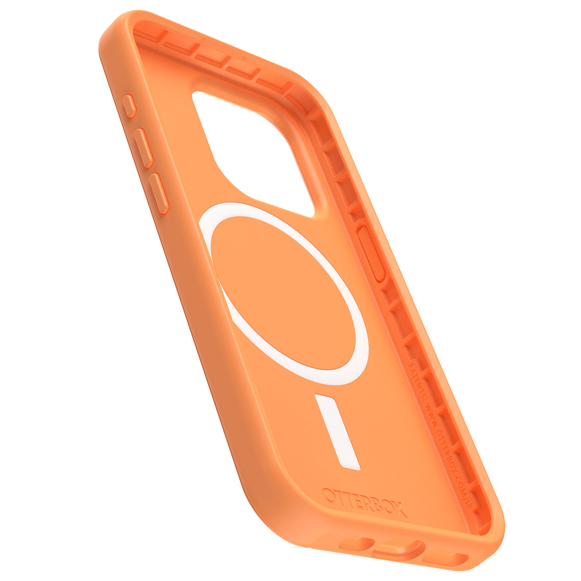 Interior de la funda naranja con anillo MagSafe y recorte de cámara, interior blanco.