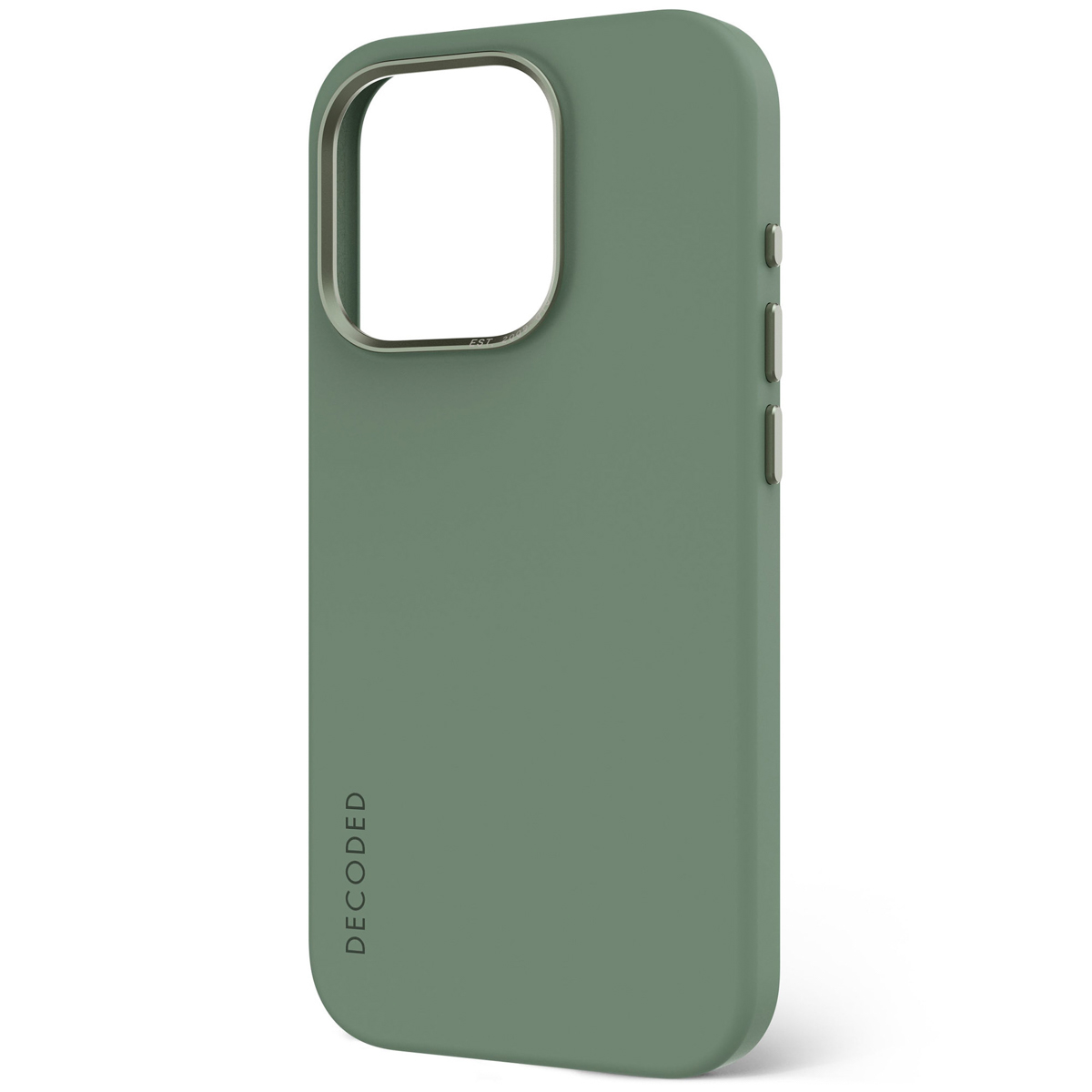 Eine grüne iPhone-Hülle mit silbernem Kameraring. Das Wort DECODED ist unten aufgedruckt.