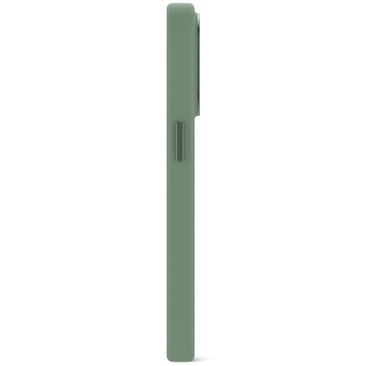 Salbeigrünes Telefoncase, Seitenansicht, glatte Textur. Mit Kameraausschnitt und Power-Taste.