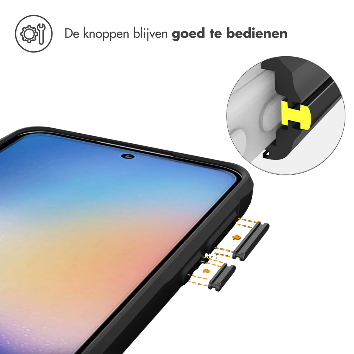 Téléphone avec une coque, montrant les boutons latéraux. La coque a des couvercles de boutons.