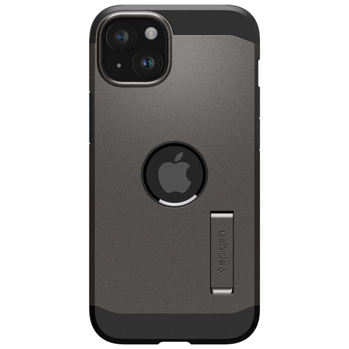 Dark gray phone case with a kickstand and Apple logo. The case protects the phone.