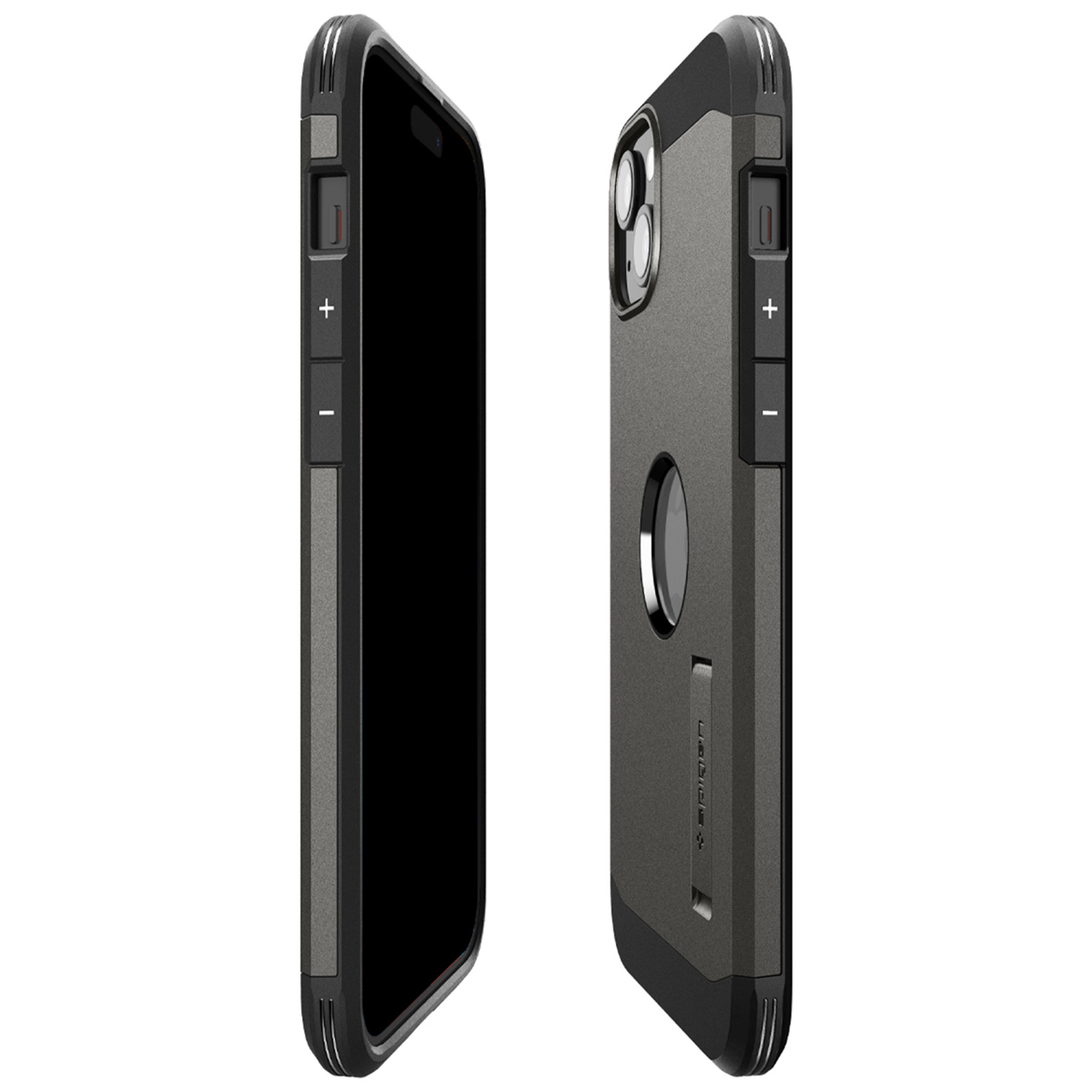 Side view of two phones in cases. The side buttons and the top of the phone are visible.