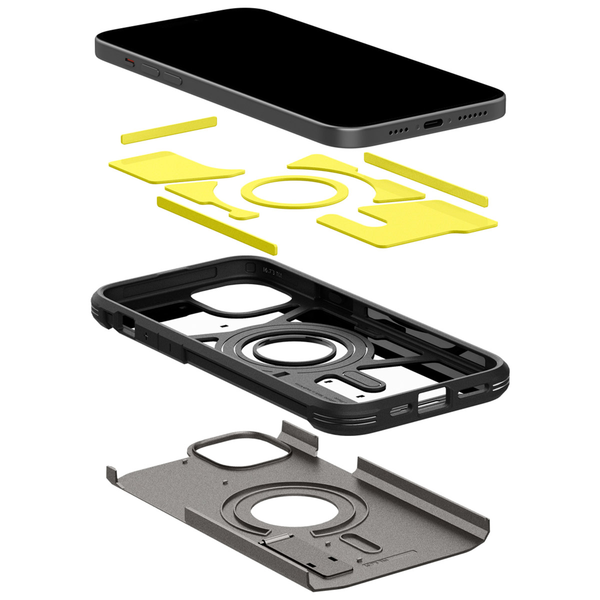 Phone with black screen and various parts of a phone case are laid out. White background.