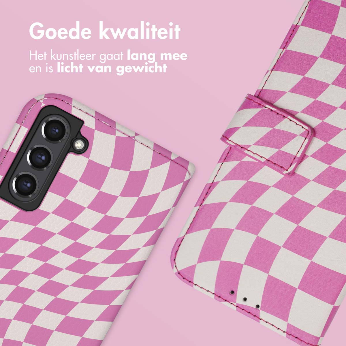 Coque de téléphone à carreaux roses et blancs avec fond rose. Textes en néerlandais.