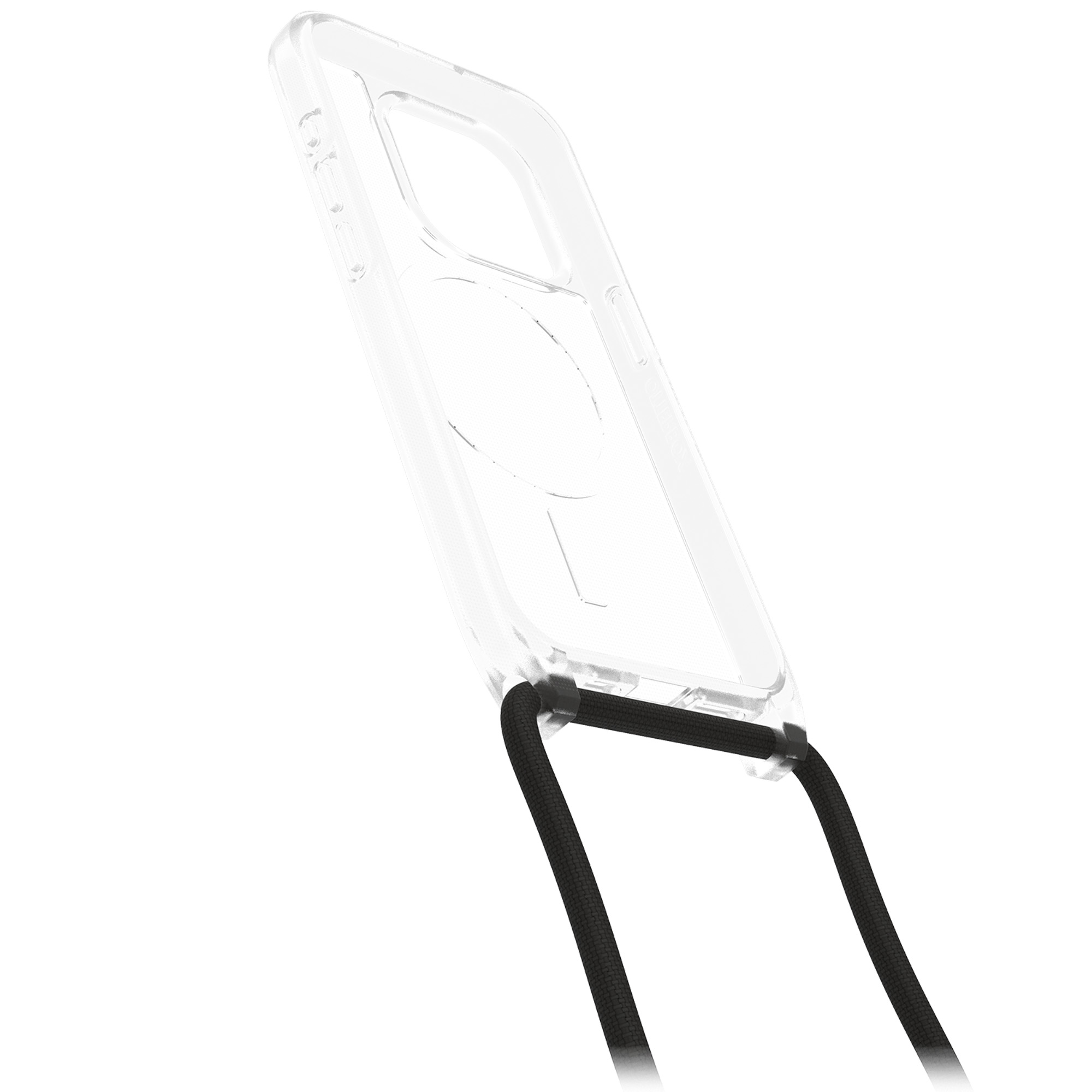 Transparente Handyhülle mit schwarzem Lanyard.
