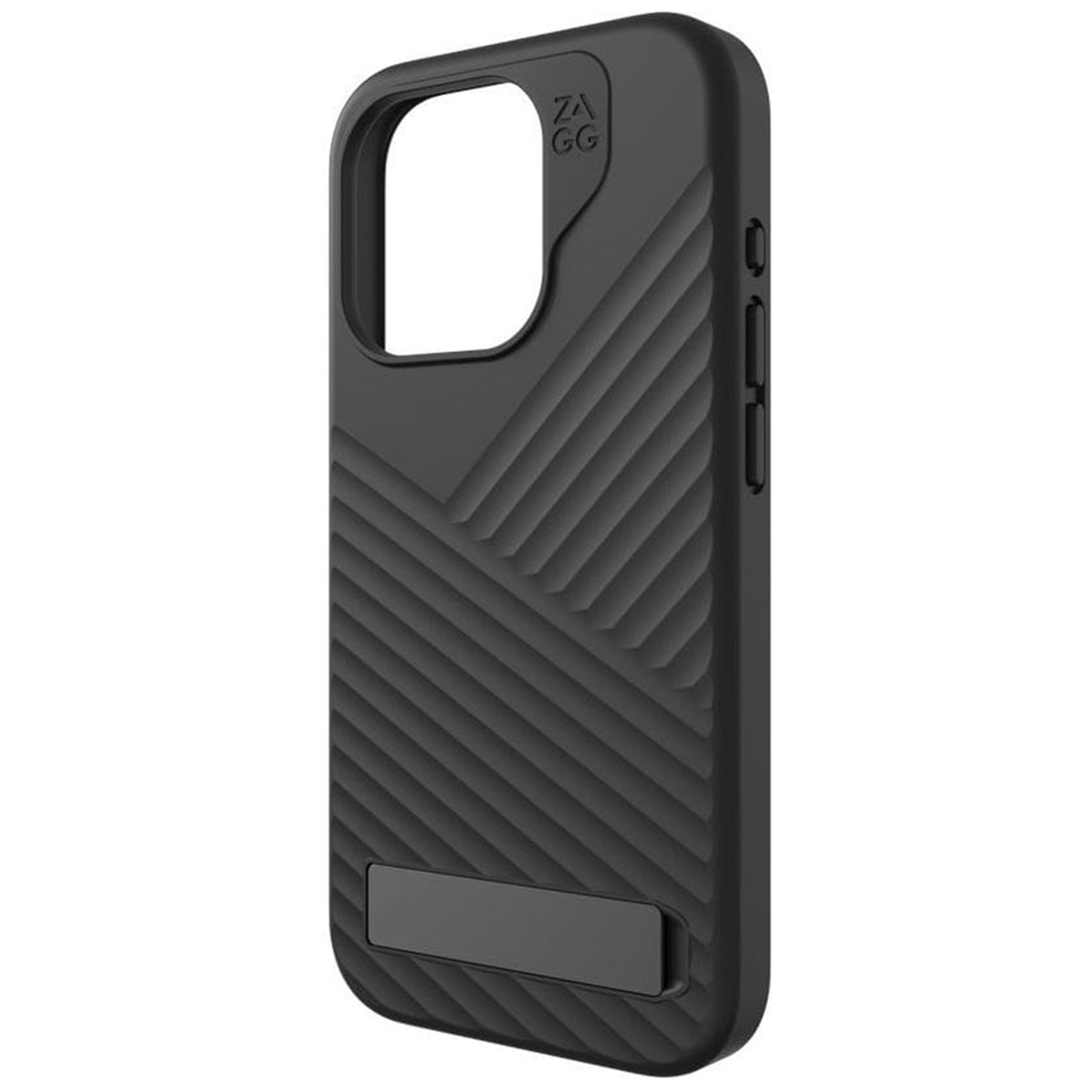 Schwarze Handyhülle mit strukturiertem Design und Ständer. Mit Logo und Kameraausschnitt.