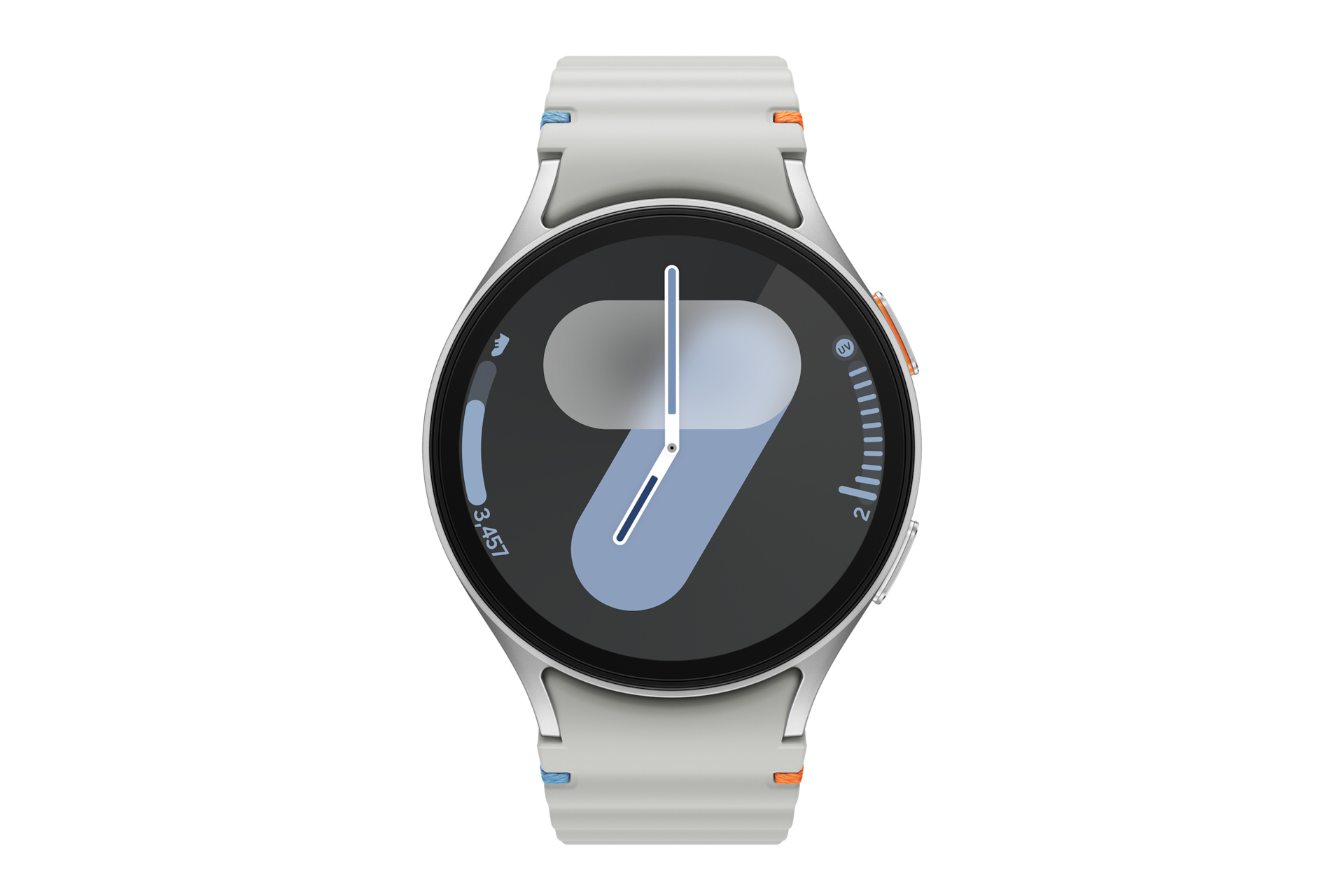 Une montre connectée argentée, avec un bracelet blanc. Le cadran de la montre affiche l'heure : 7h00.