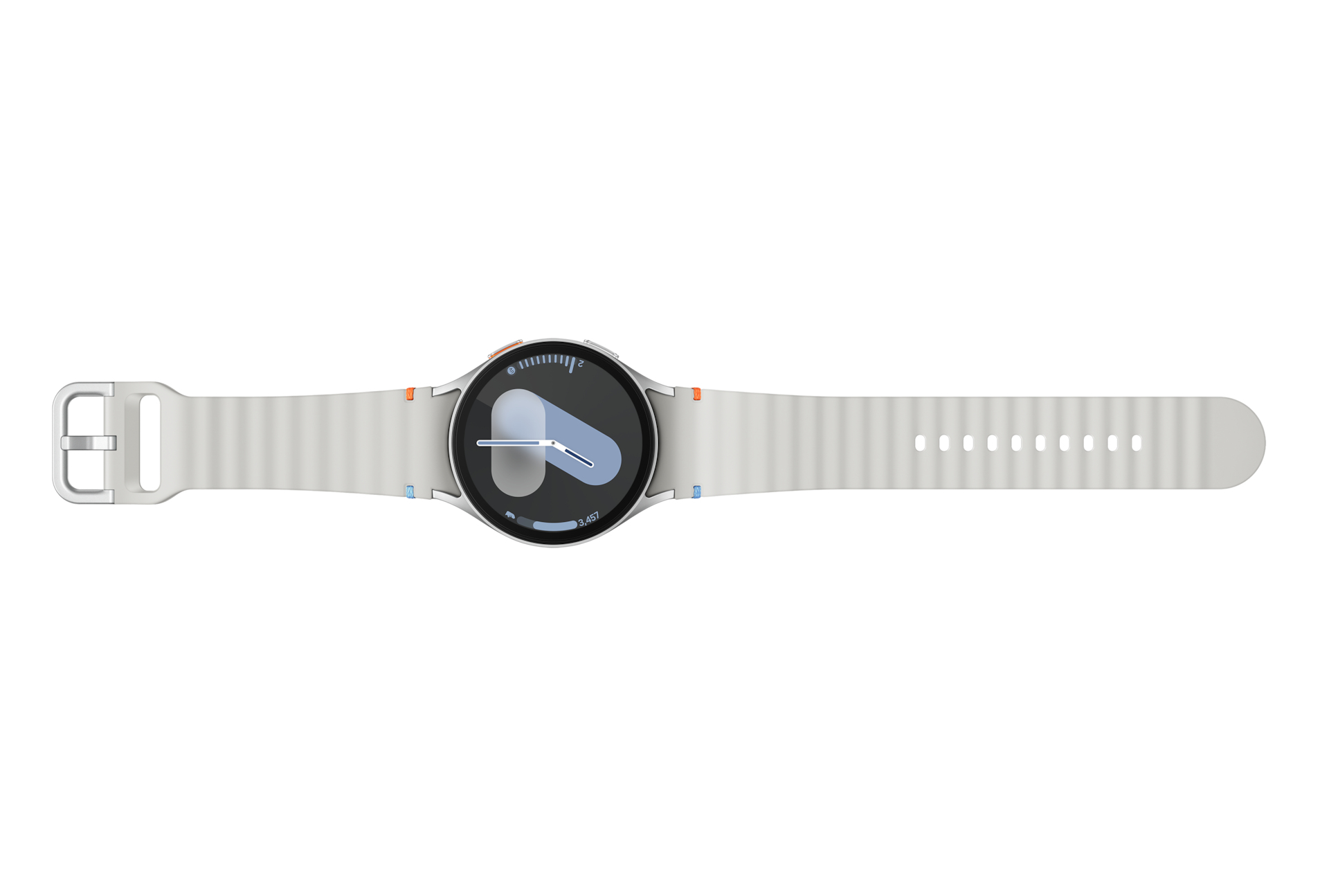 Een smartwatch met een witte band, van bovenaf gezien, met een display met een digitale klok en gezondheidsgegevens.