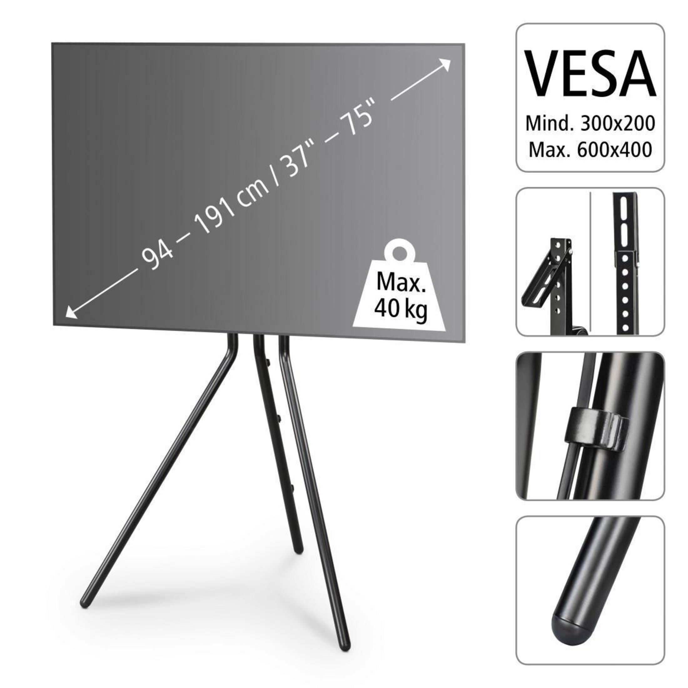 Czarny telewizor na stojaku, ze szczegółami stojaka i opcjami montażu VESA.