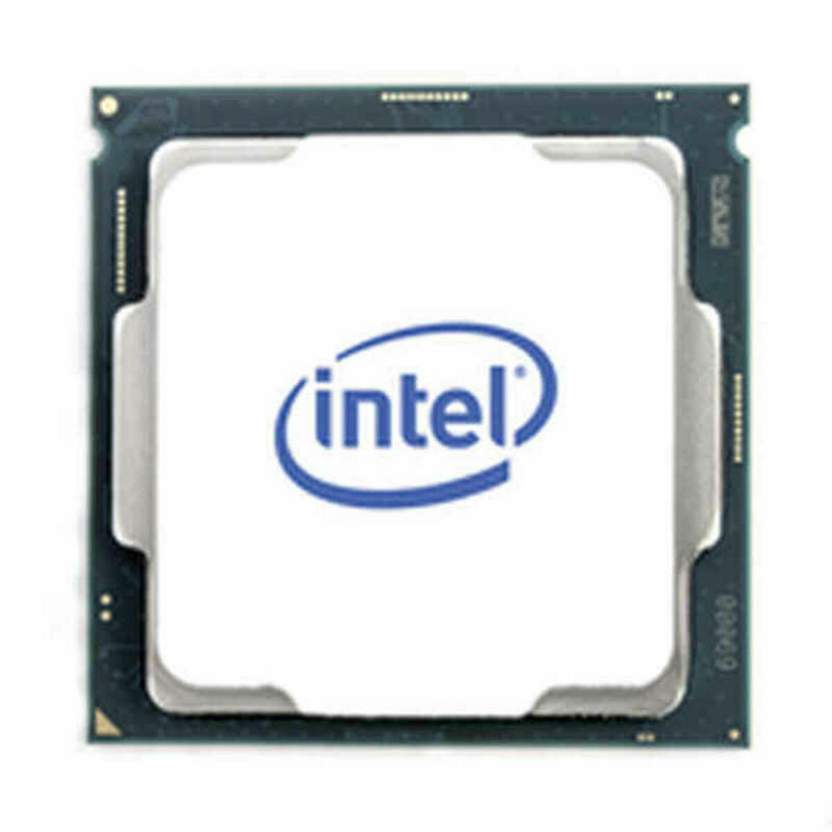 Un processore Intel quadrato con il logo Intel in un quadrato bianco su sfondo grigio.