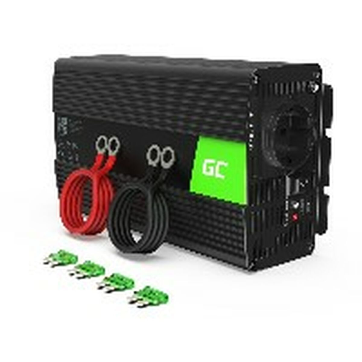 Inverter nero con fili rossi e neri e fusibili verdi. Sfondo bianco.