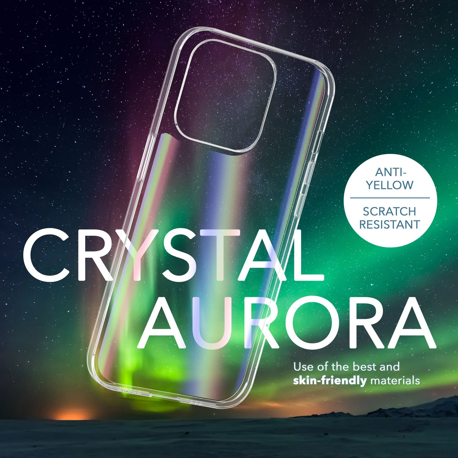 Funda transparente para teléfono con texto. Fondo de aurora.
