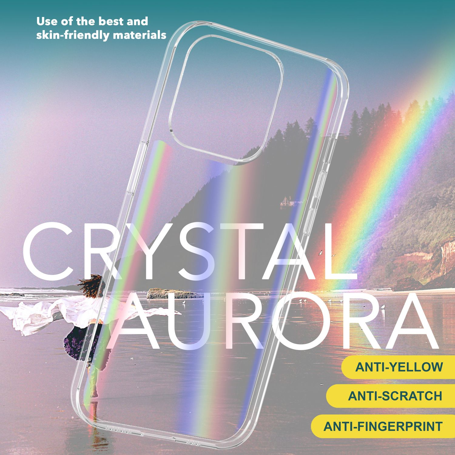 Transparente Handyhülle mit Regenbogeneffekt. Frau am Strand mit Textüberlagerung.