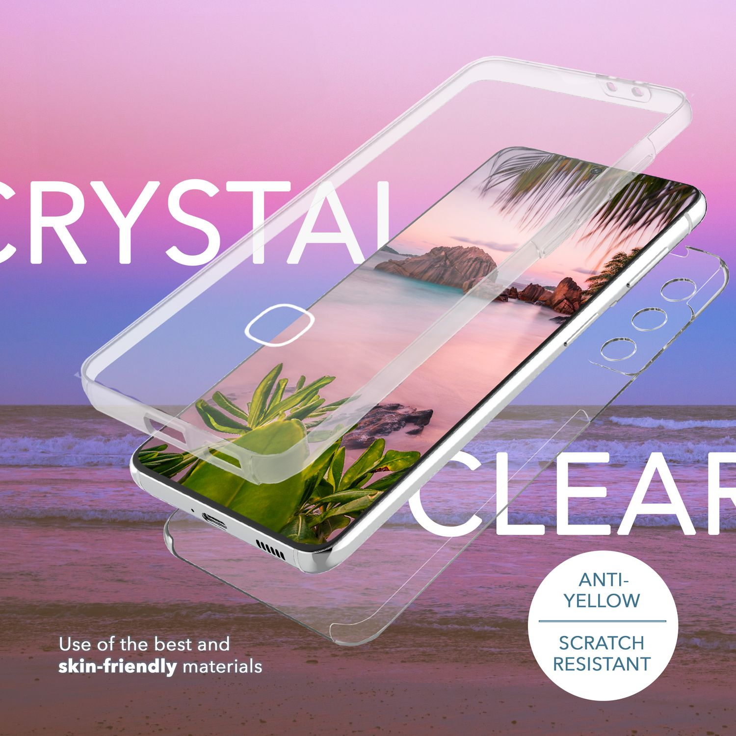 Eine transparente Handyhülle über einem Telefon mit einer Strandszene. Text: 'Crystal Clear'.