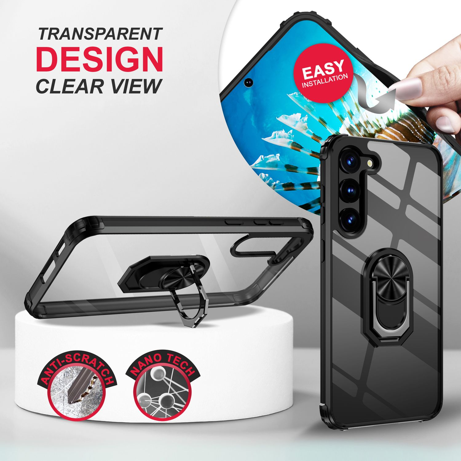 Handy-Hüllen mit Ringhaltern, eine in der Hand mit einem Handy. Texte: Transparentes Design, klare Sicht, kratzfest, Nano-Tech, einfache Installation.