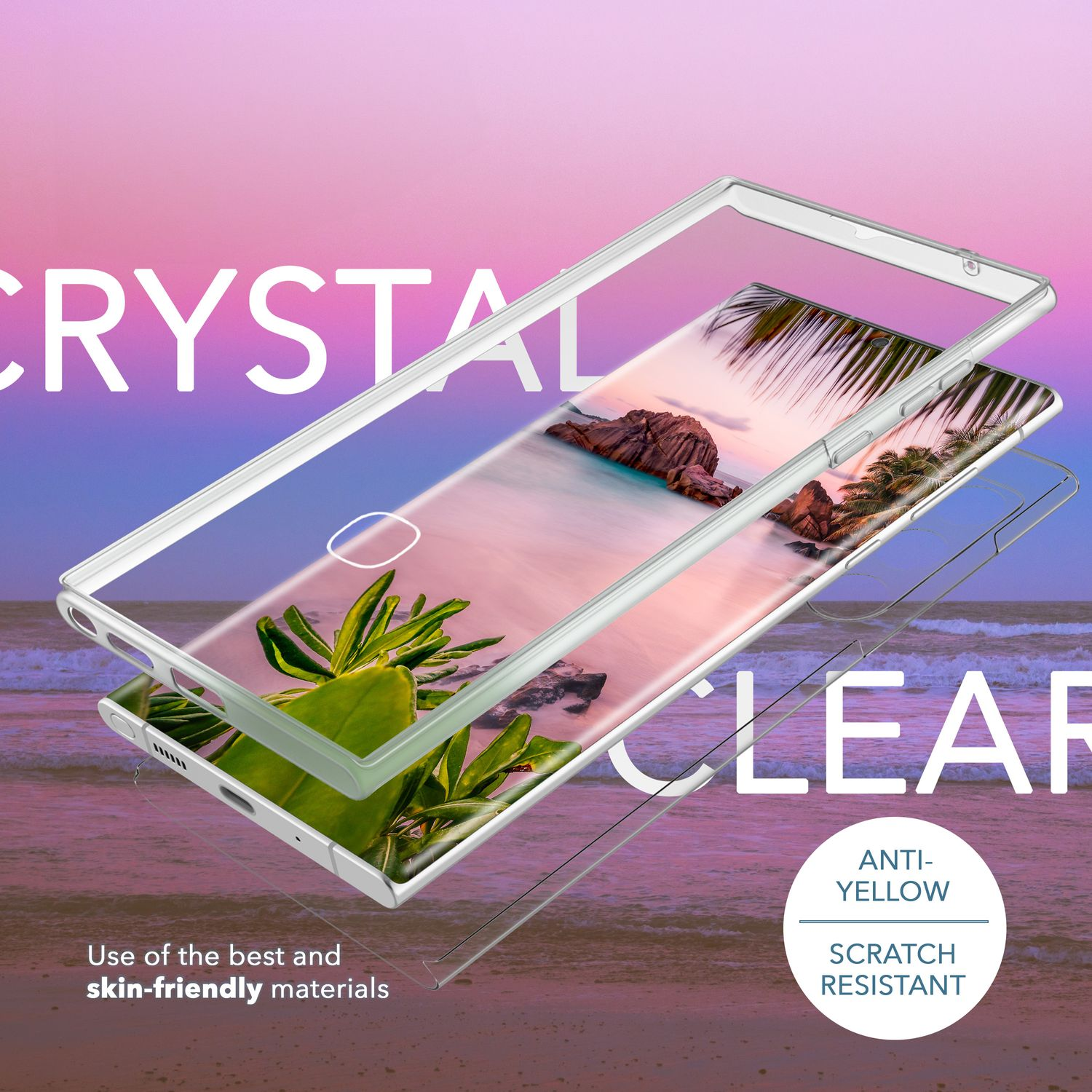 Eine transparente Handyhülle mit Strandmotiv, Text 'Crystal Clear' und 'Anti-Gelb'.