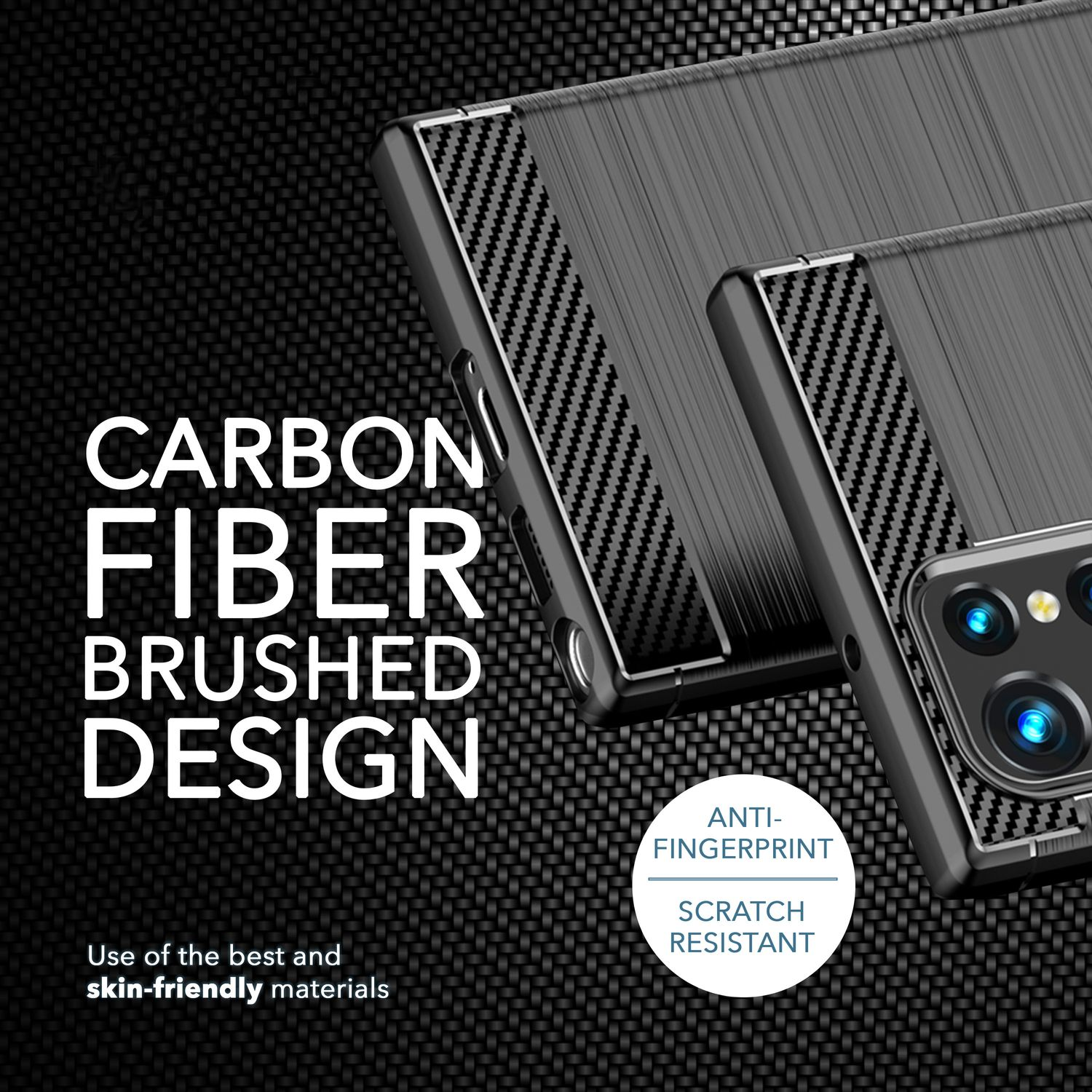 Schwarze Handyhüllen mit Karbonfaser-Design und dem Text 'Carbon Fiber Brushed Design'.