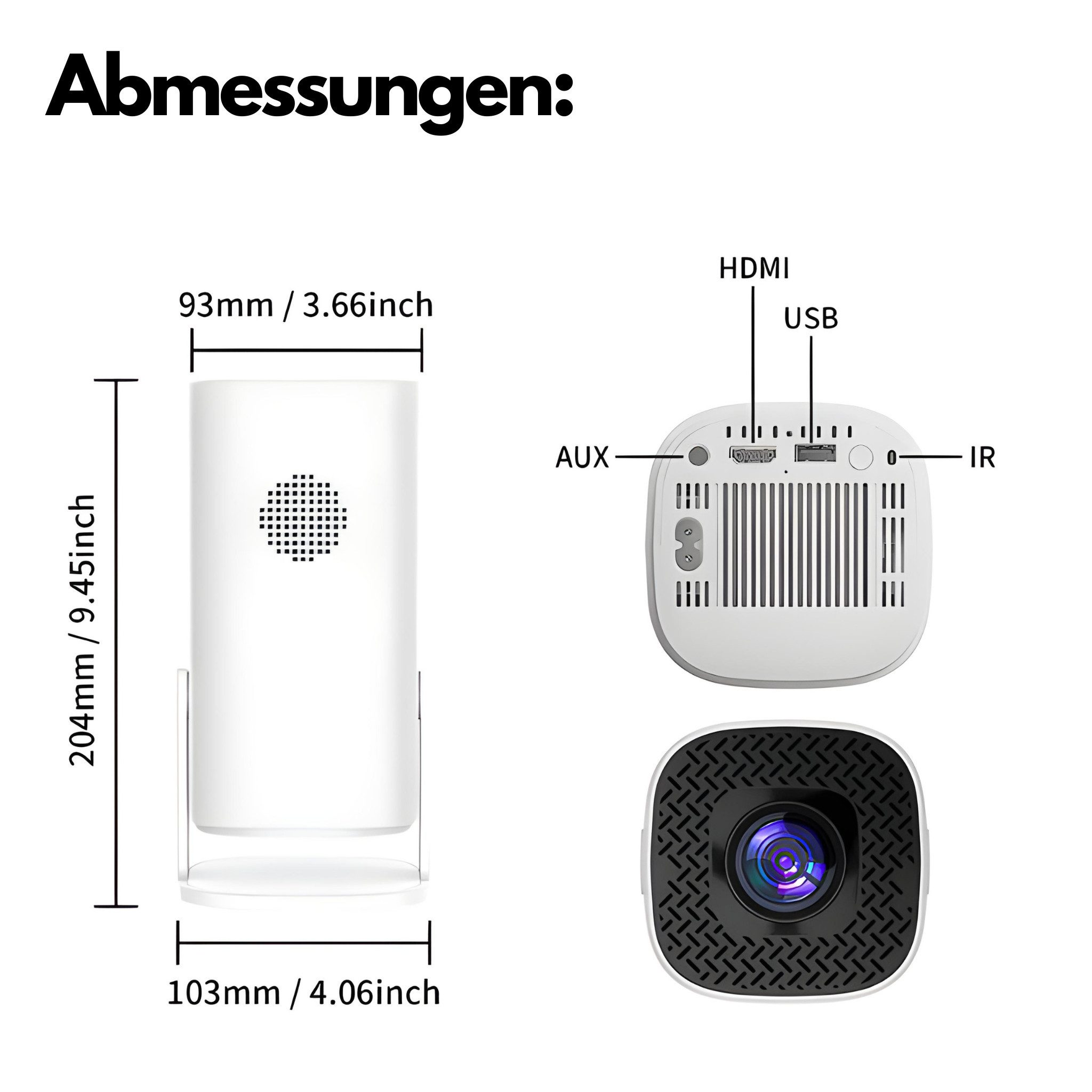 Diagramm eines weißen Geräts mit Messungen und Details zu Anschlüssen und Kamera.