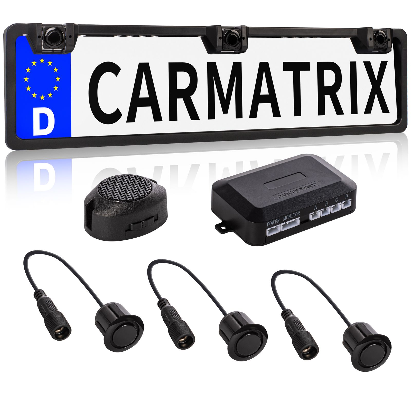 Parksensor-Kit mit Sensoren, Steuereinheit und Anzeige.