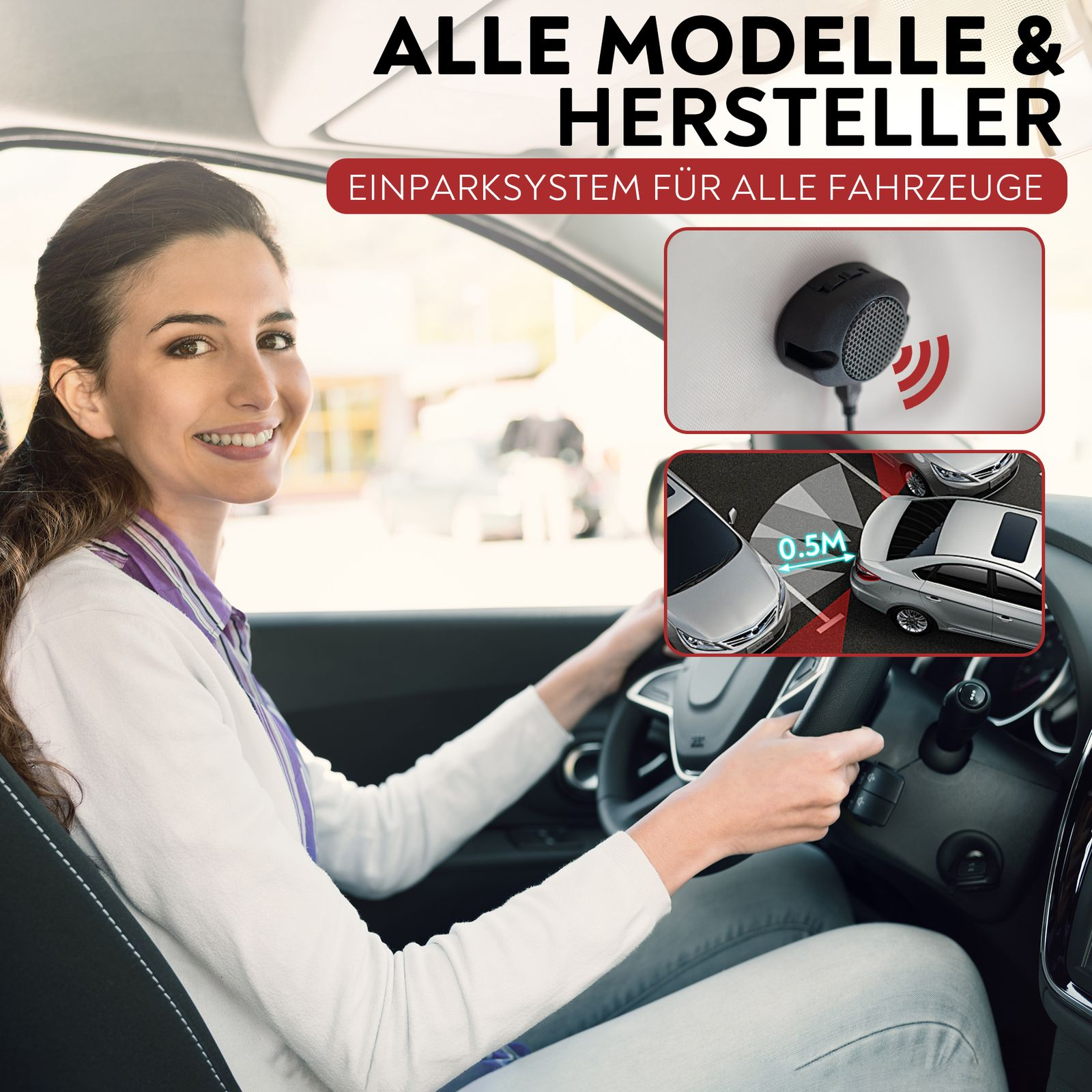 Frau im Auto lächelt, schaut in die Kamera. Text-Overlay: Parksystem für alle Fahrzeuge.