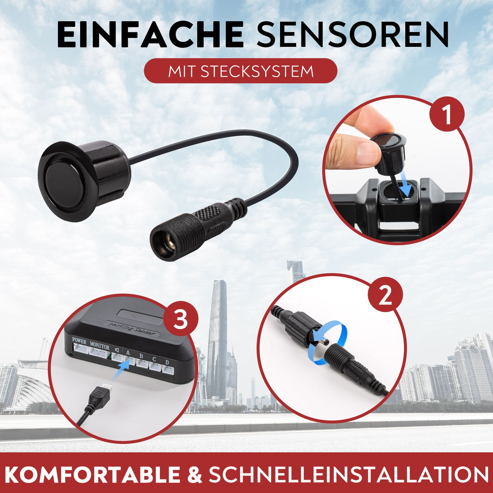 Diagramm der Einparkhilfe-Installation. Schwarzer Sensor, Verkabelung und Steuereinheit.