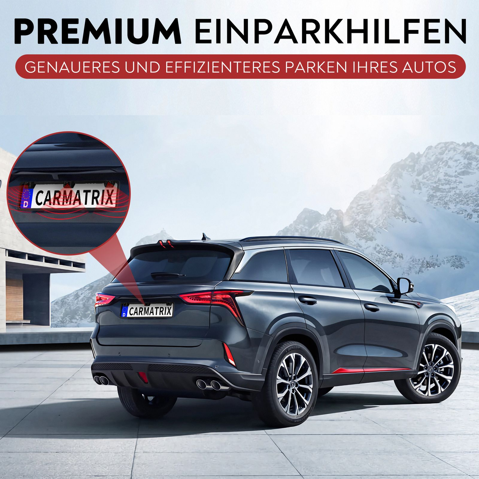 Ein graues Auto mit Kennzeichen steht vor einer schneebedeckten Bergkette und einem Parksystem.