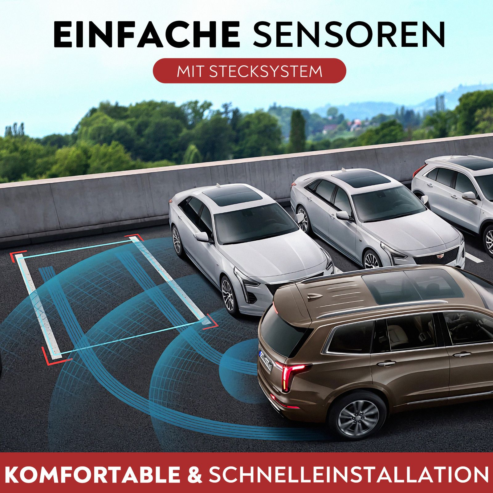 Ein Bild von Autos auf einem Parkplatz mit einem Textbanner, das für einfache Parksensoren wirbt.